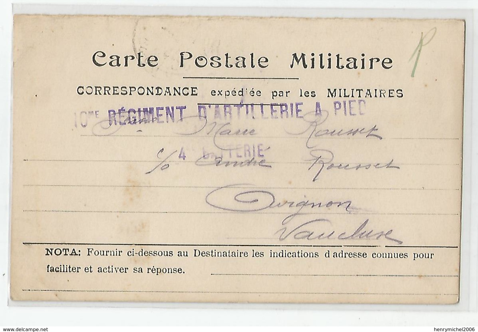 Carte Franchise Correspondance Expedié Par Les Militaires Toulon 1915 10e Rgt D'artillerie A Pied 4 Batterie - Vaucluse - Briefe U. Dokumente