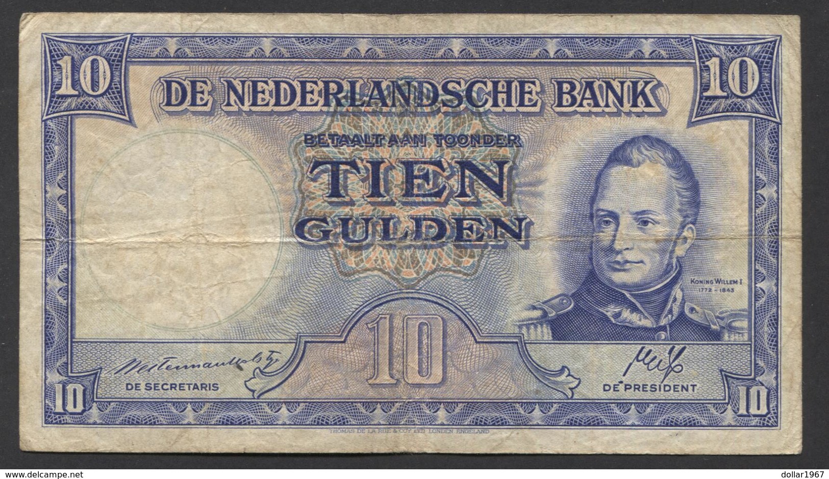 Netherlands 10 Gulden 7-5-1945 - 35.1b , No 3 AJ 508868,  - See The 2 Scans For Condition.(Originalscan ) - 10 Gulden