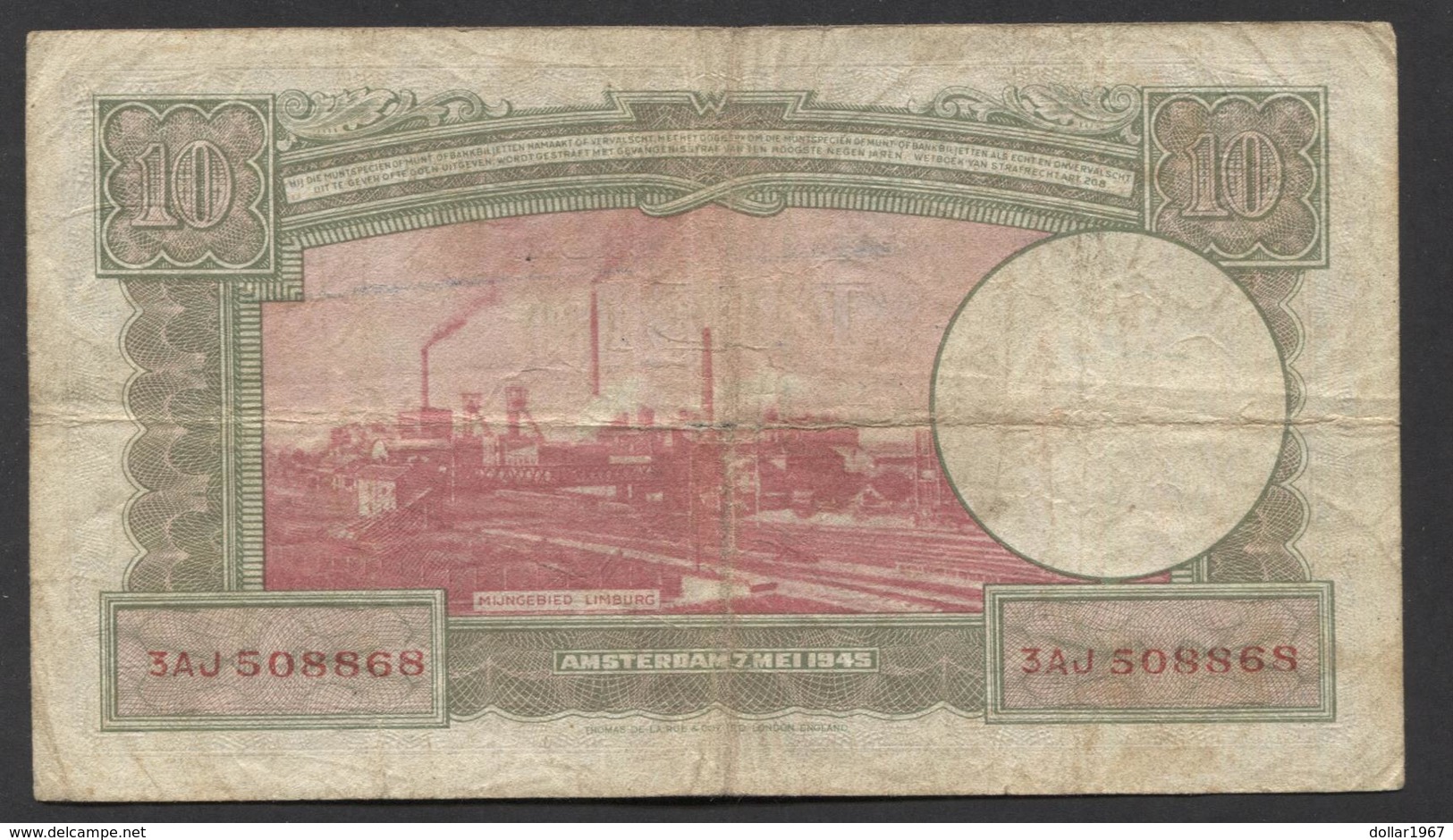 Netherlands 10 Gulden 7-5-1945 - 35.1b , No 3 AJ 508868,  - See The 2 Scans For Condition.(Originalscan ) - 10 Gulden