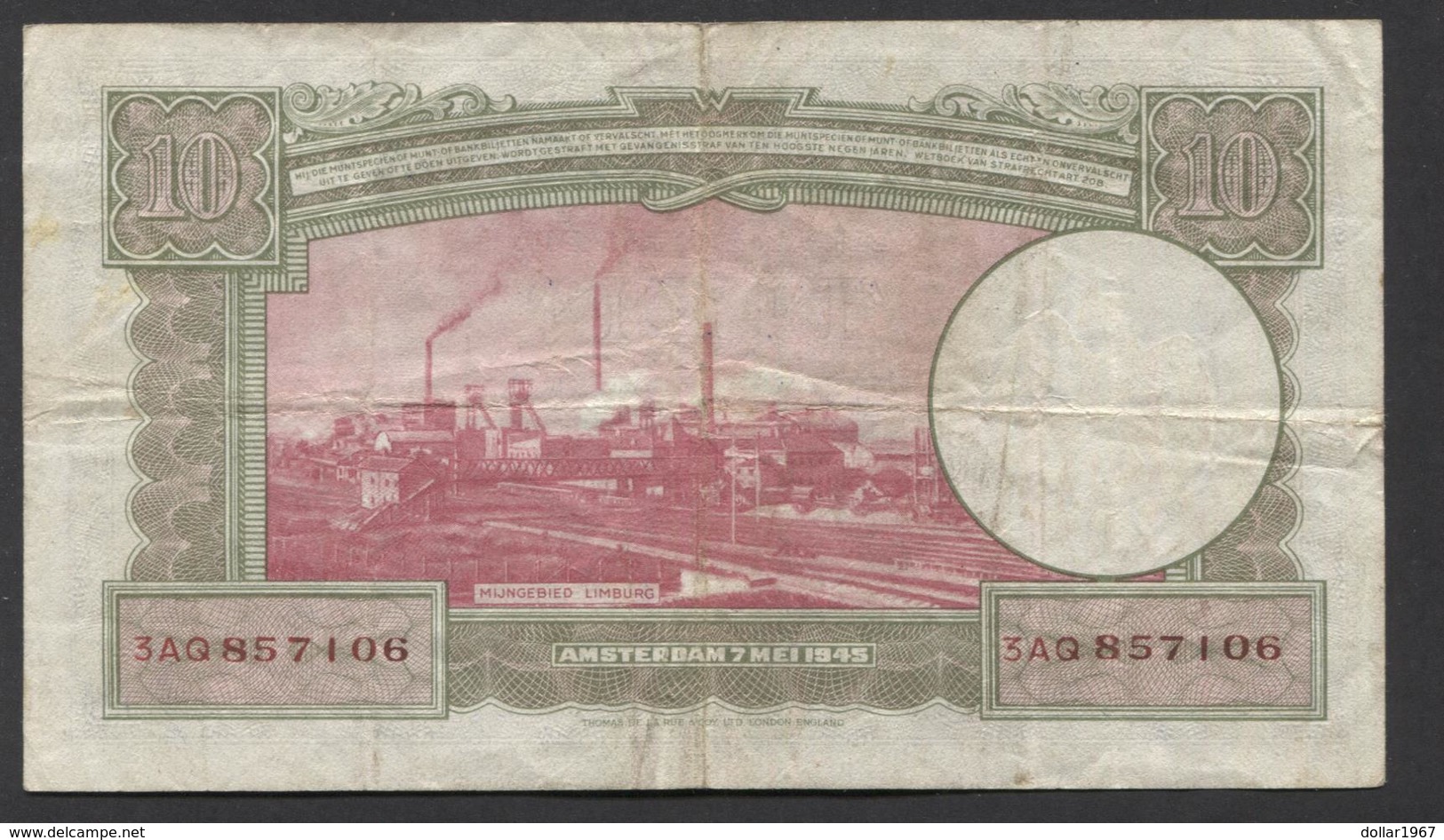 Netherlands 10 Gulden 7-5-1945 - 35.1b , No 3 AQ 857106,  - See The 2 Scans For Condition.(Originalscan ) - 10 Gulden