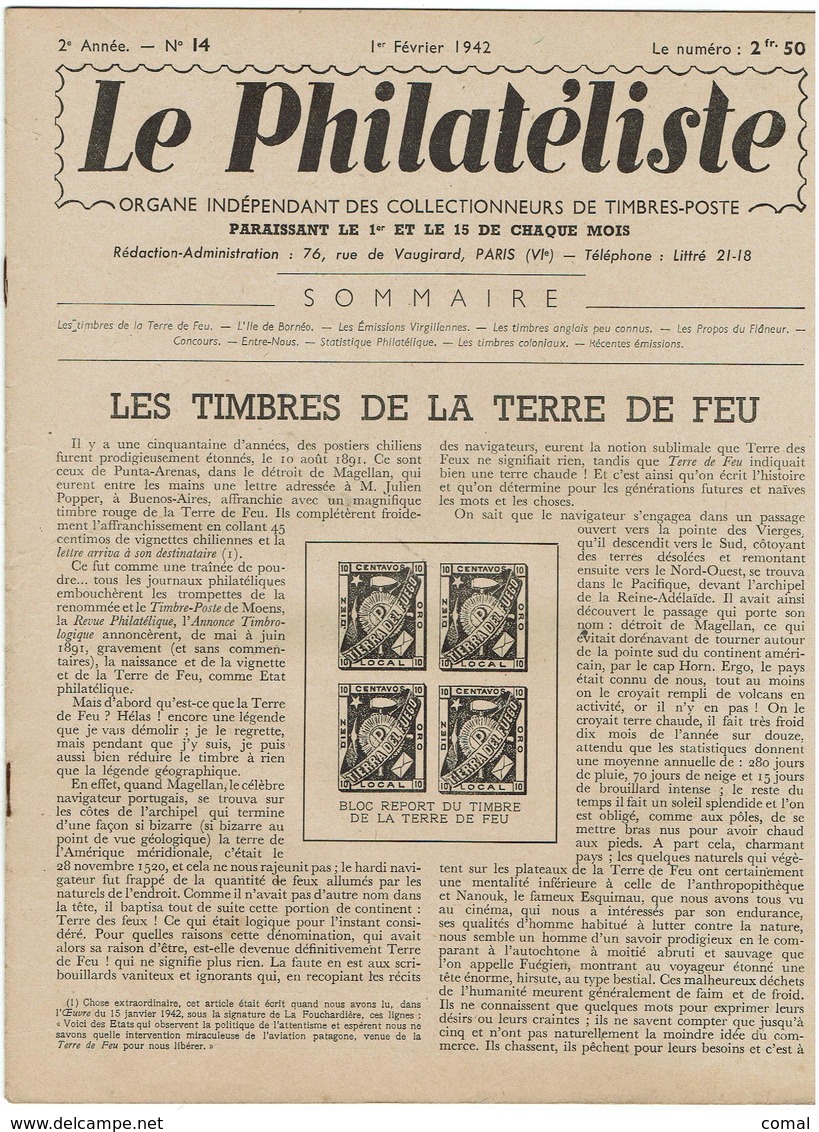 LE PHILATELISTE - Revue Bimensuelle N°14- 1942  - Les Timbres De La Terre De Feu - - 1900 - 1949