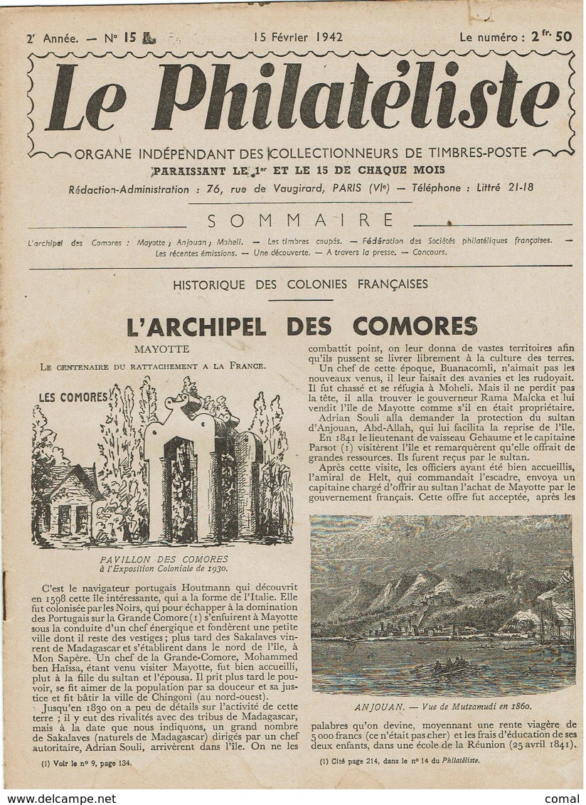 LE PHILATELISTE - Revue Bimensuelle N°15- 1942  - L'Archipel Des Comores - - 1900 - 1949