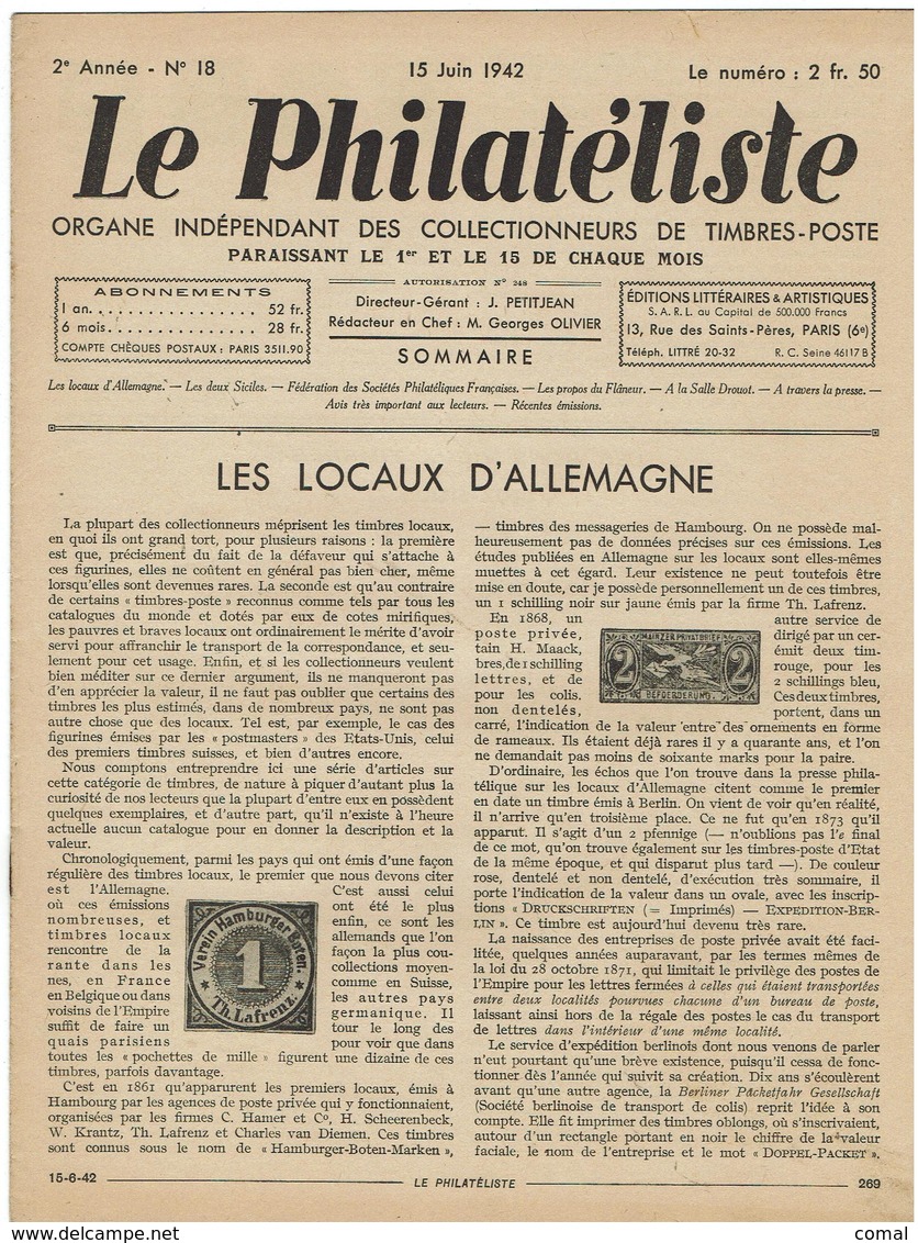 LE PHILATELISTE - Revue Bimensuelle N°18 - 1942  - Les Locaux D'Allemagne - 1900 - 1949