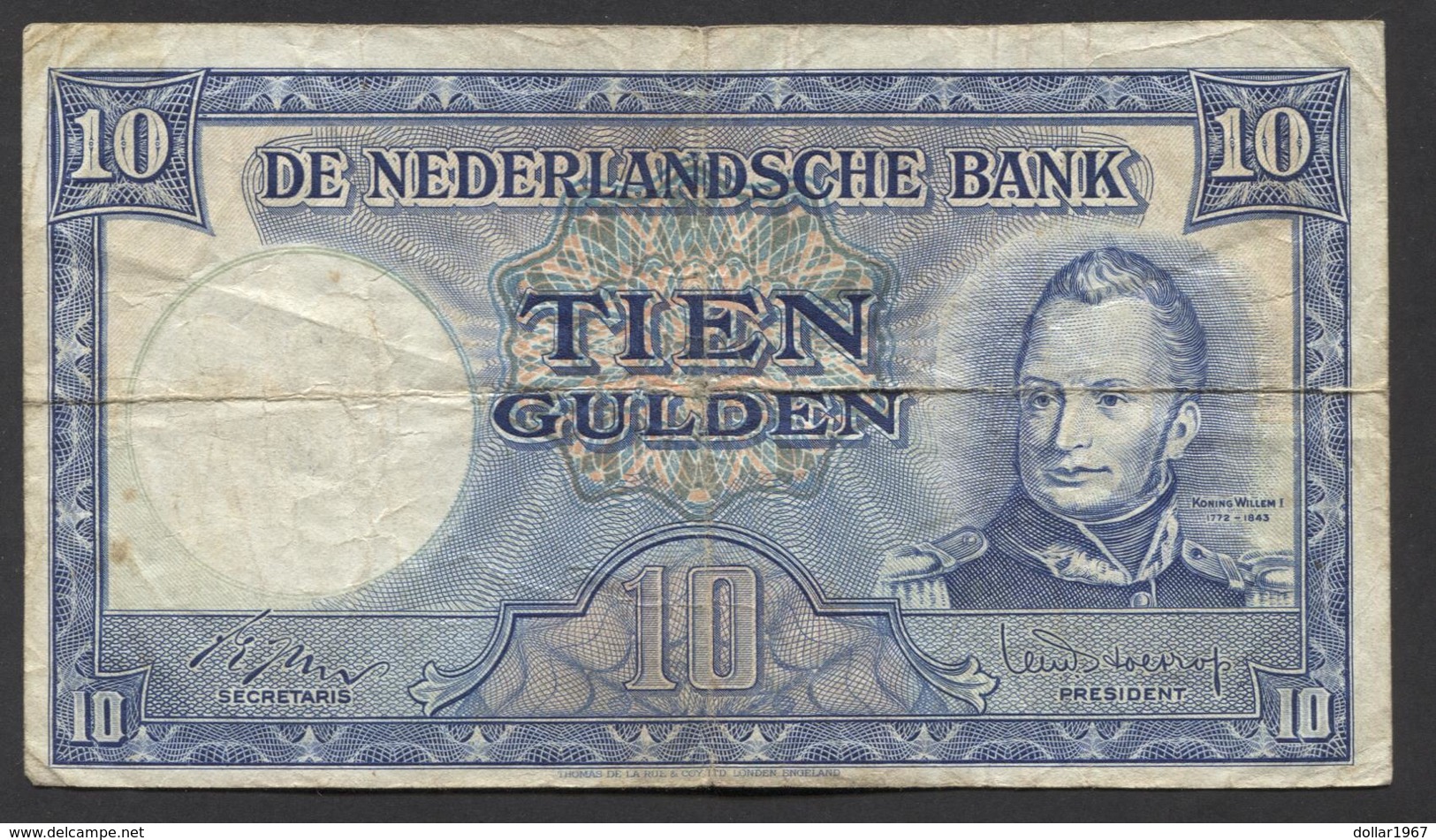 Netherlands 10 Gulden 4-3-1949 , No 4 AF 577018,  - See The 2 Scans For Condition.(Originalscan ) - 10 Florín Holandés (gulden)