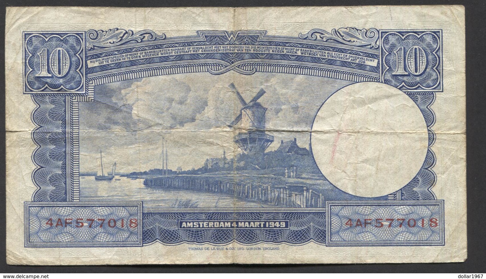 Netherlands 10 Gulden 4-3-1949 , No 4 AF 577018,  - See The 2 Scans For Condition.(Originalscan ) - 10 Gulden