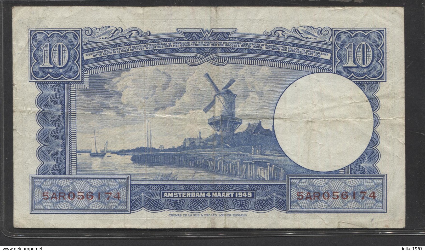 Netherlands 10 Gulden 4-3-1949 , No 5 AR 056174,  - See The 2 Scans For Condition.(Originalscan ) - 10 Florín Holandés (gulden)