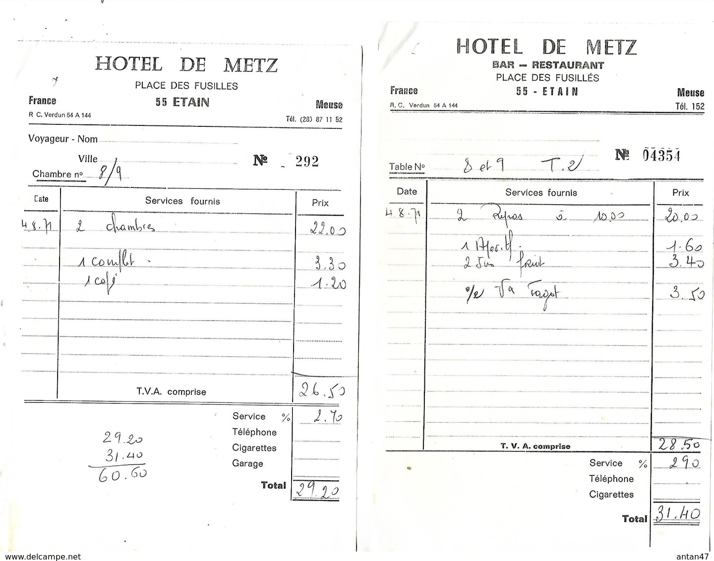 6 Facturettes / 55 ETAIN / Hôtel De Metz, De La Sirène, De La Gare / Pub  Martini, Bière Koemer - 1950 - ...
