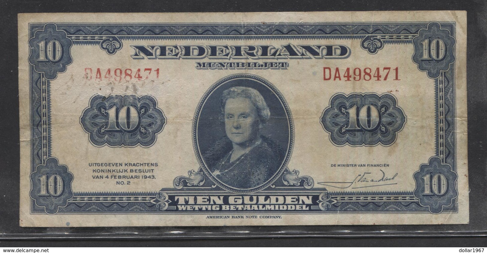 Netherlands 10 Gulden 4-2-1943 / 26- 9-1945 , No DA 498471,  - See The 2 Scans For Condition.(Originalscan ) - 10 Gulden