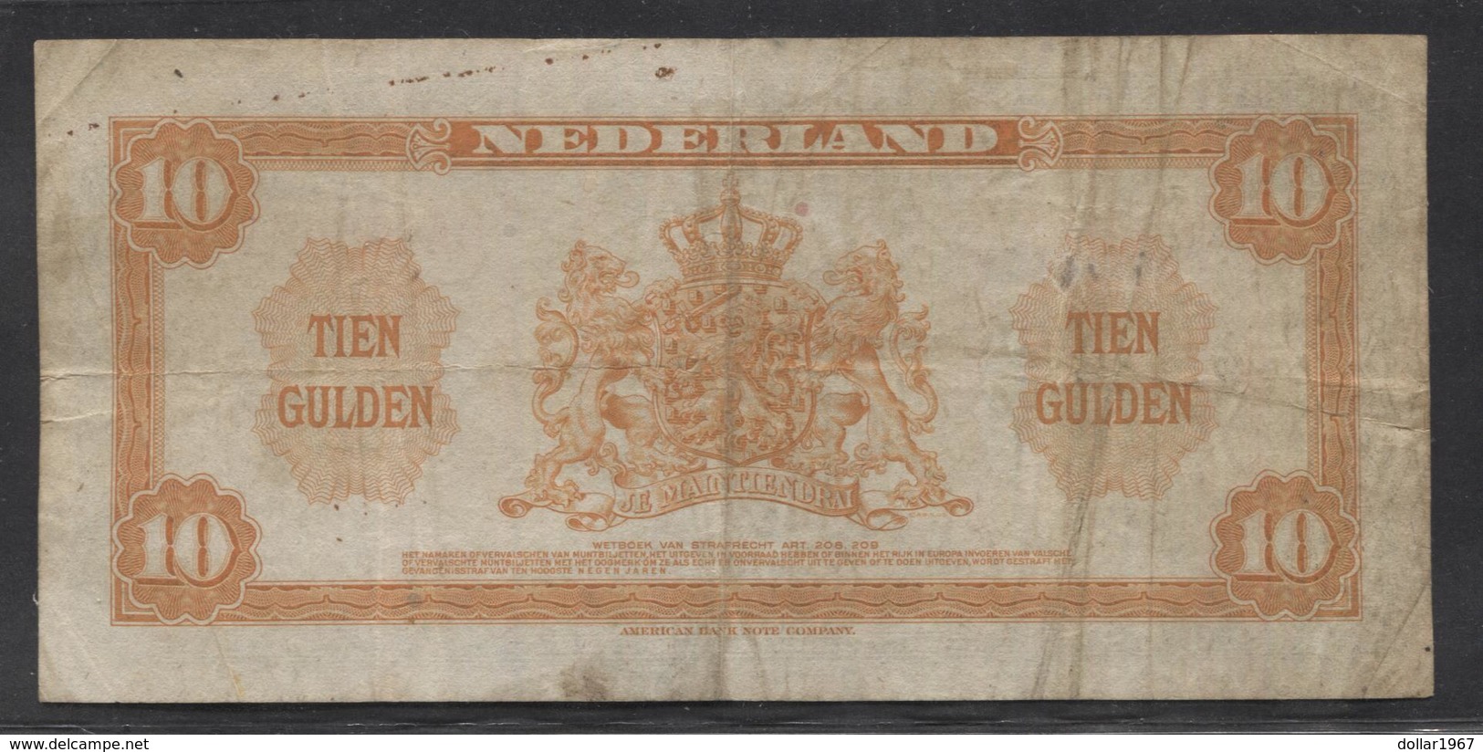 Netherlands 10 Gulden 4-2-1943 / 26- 9-1945 , No DA 498471,  - See The 2 Scans For Condition.(Originalscan ) - 10 Gulden