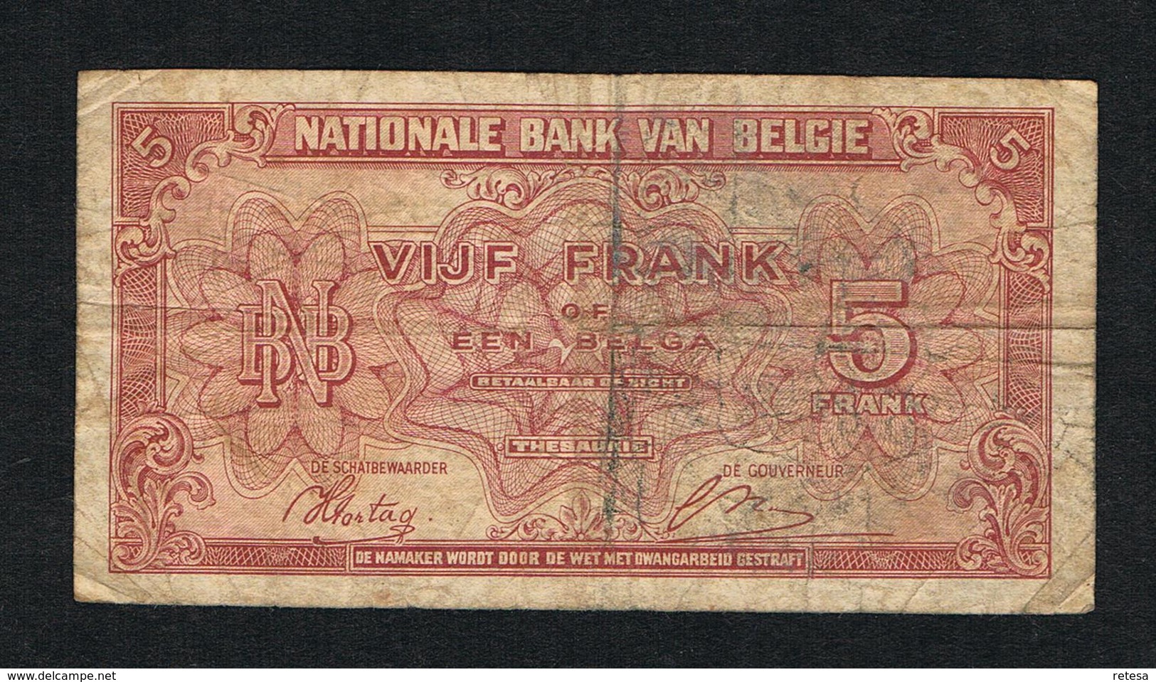 // BELGIE  5 FRANK  1 BELGA 01-02-1943 - 5 Francs-1 Belga