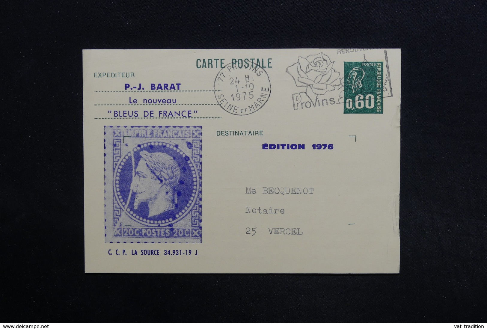 FRANCE - Entier Postal, Repiquage Commerciale " Les Bleus De France " Par Barat De Provins Pour Vercel En 1975 - L 29101 - Cartes Postales Types Et TSC (avant 1995)