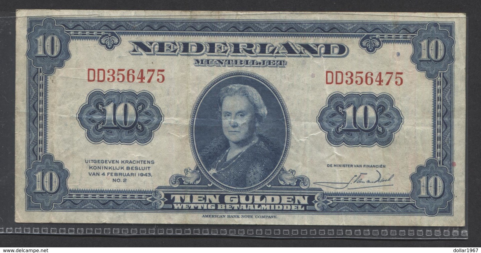 Netherlands 10 Gulden 4-2-1943 / 26 - 9-1945 , No DD 356475,  - See The 2 Scans For Condition.(Originalscan ) - 10 Florín Holandés (gulden)