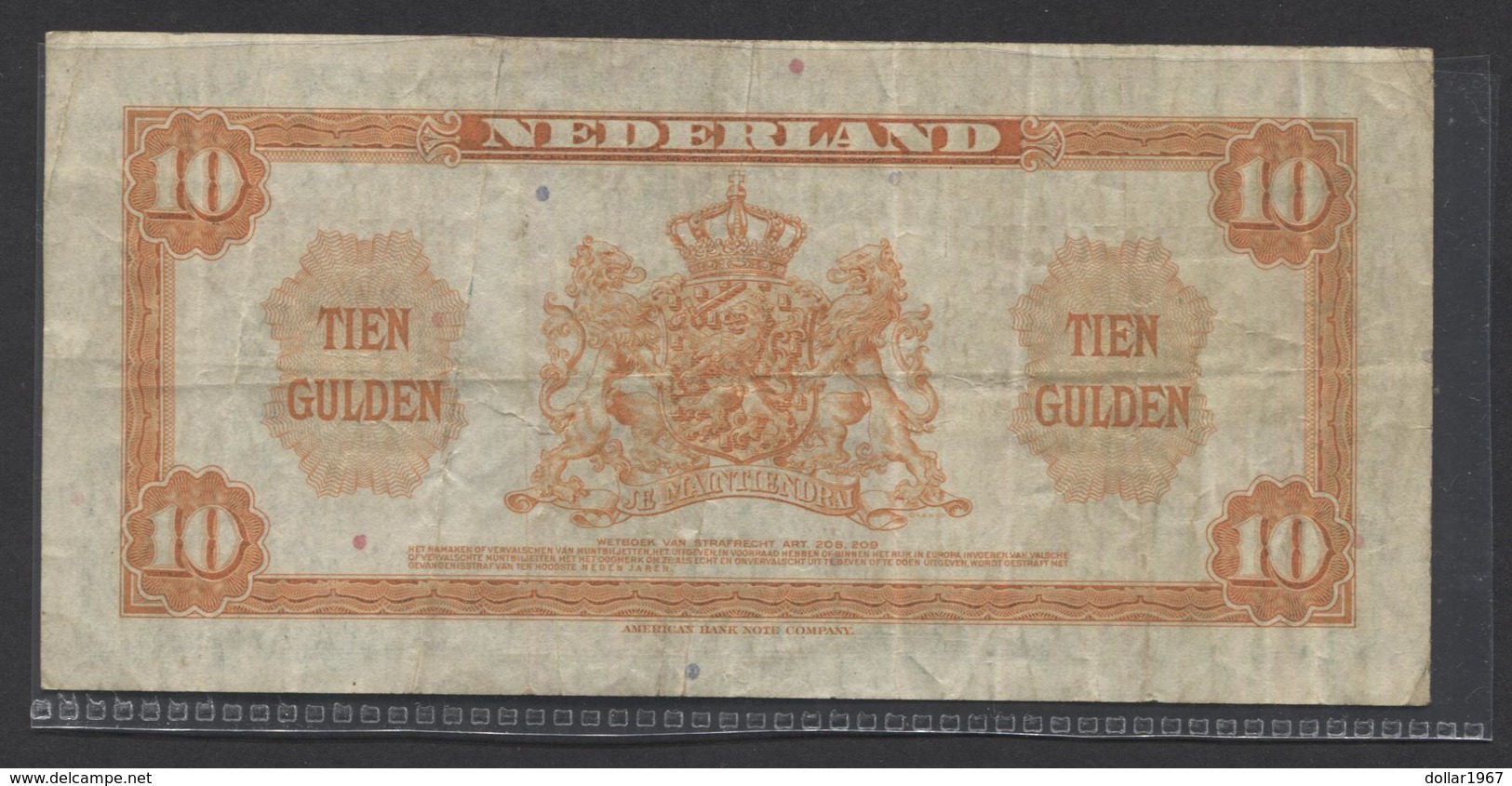 Netherlands 10 Gulden 4-2-1943 / 26 - 9-1945 , No DD 356475,  - See The 2 Scans For Condition.(Originalscan ) - 10 Gulden