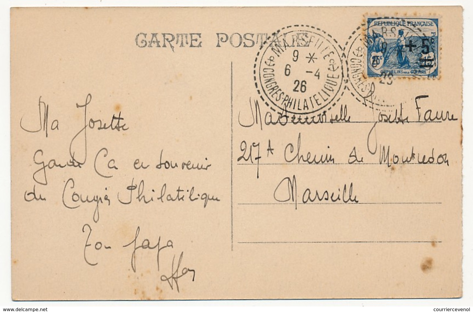 FRANCE - Cachet Tireté "MARSEILLE - Congrès Philatélique" 6/4/1926 Sur N°165 (orphelins) - CPA Chateau D'if - Covers & Documents