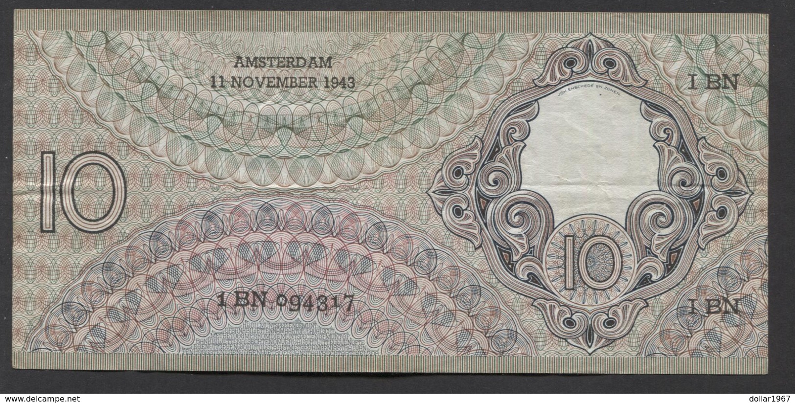 Netherlands 10 Gulden 4-1-1943 -22-4-1944 , No 1 BN 094317 - 11-11-1943, - See The 2 Scans For Condition.(Originalscan ) - 10 Gulden