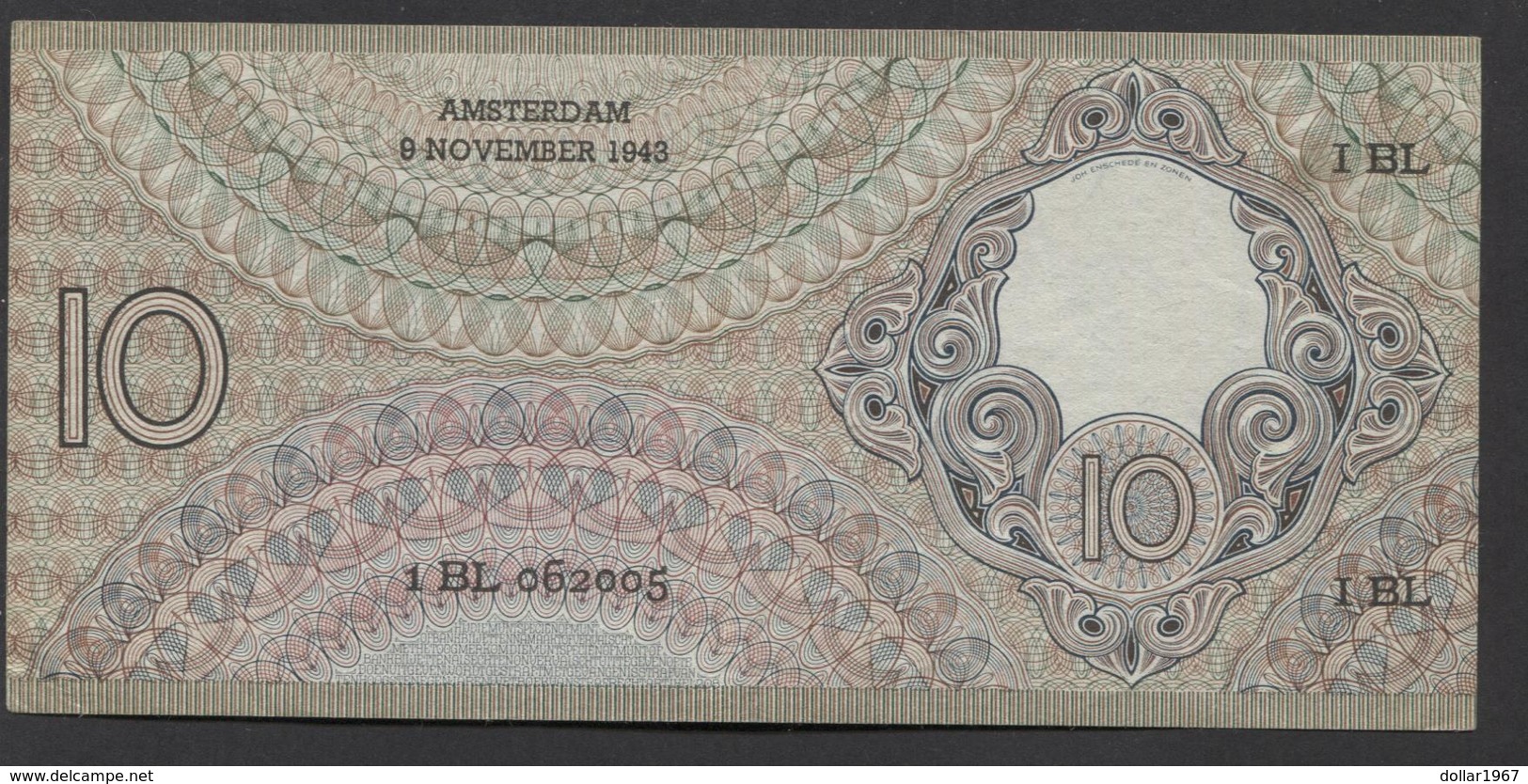 Netherlands 10 Gulden 4-1-1943 -22-4-1944 , No 1 BL 062005 - 09-11-1943, - See The 2 Scans For Condition.(Originalscan ) - 10 Florín Holandés (gulden)