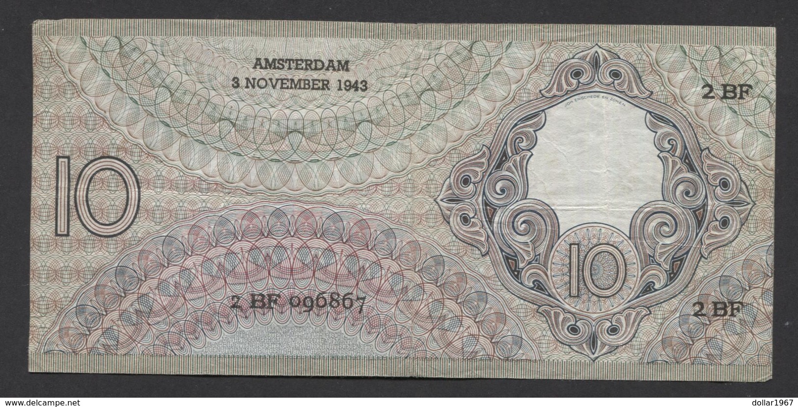 Netherlands 10 Gulden 4-1-1943 -22-4-1944 , No 2 BF 096867 - 03-11-1943, - See The 2 Scans For Condition.(Originalscan ) - 10 Florín Holandés (gulden)