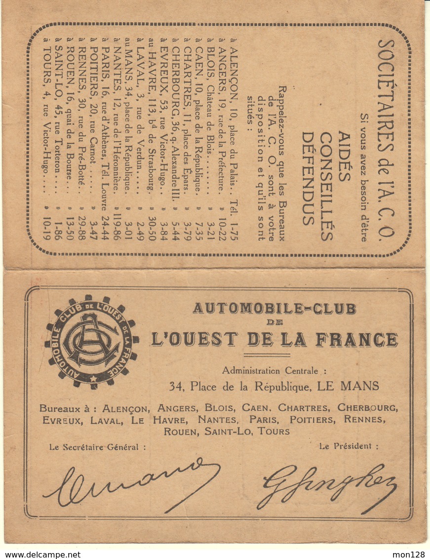 CARTE AUTOMOBILE-CLUB DE L'OUEST DE LA FRANCE - 1928 - Autres & Non Classés