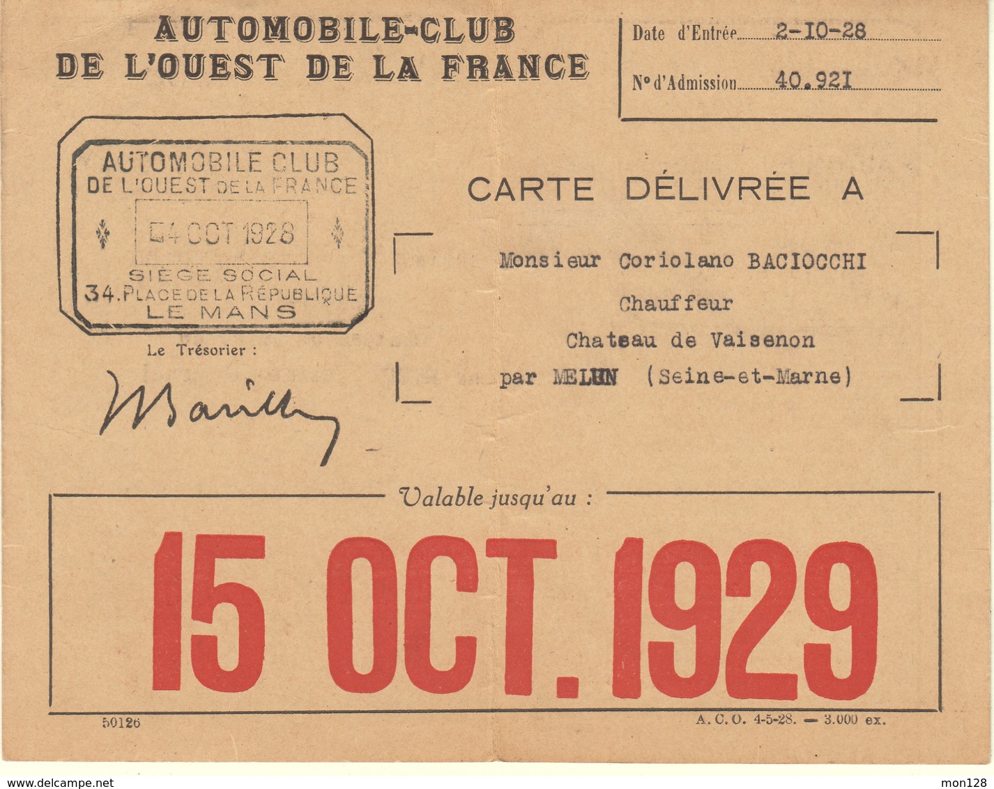 CARTE AUTOMOBILE-CLUB DE L'OUEST DE LA FRANCE - 1928 - Autres & Non Classés