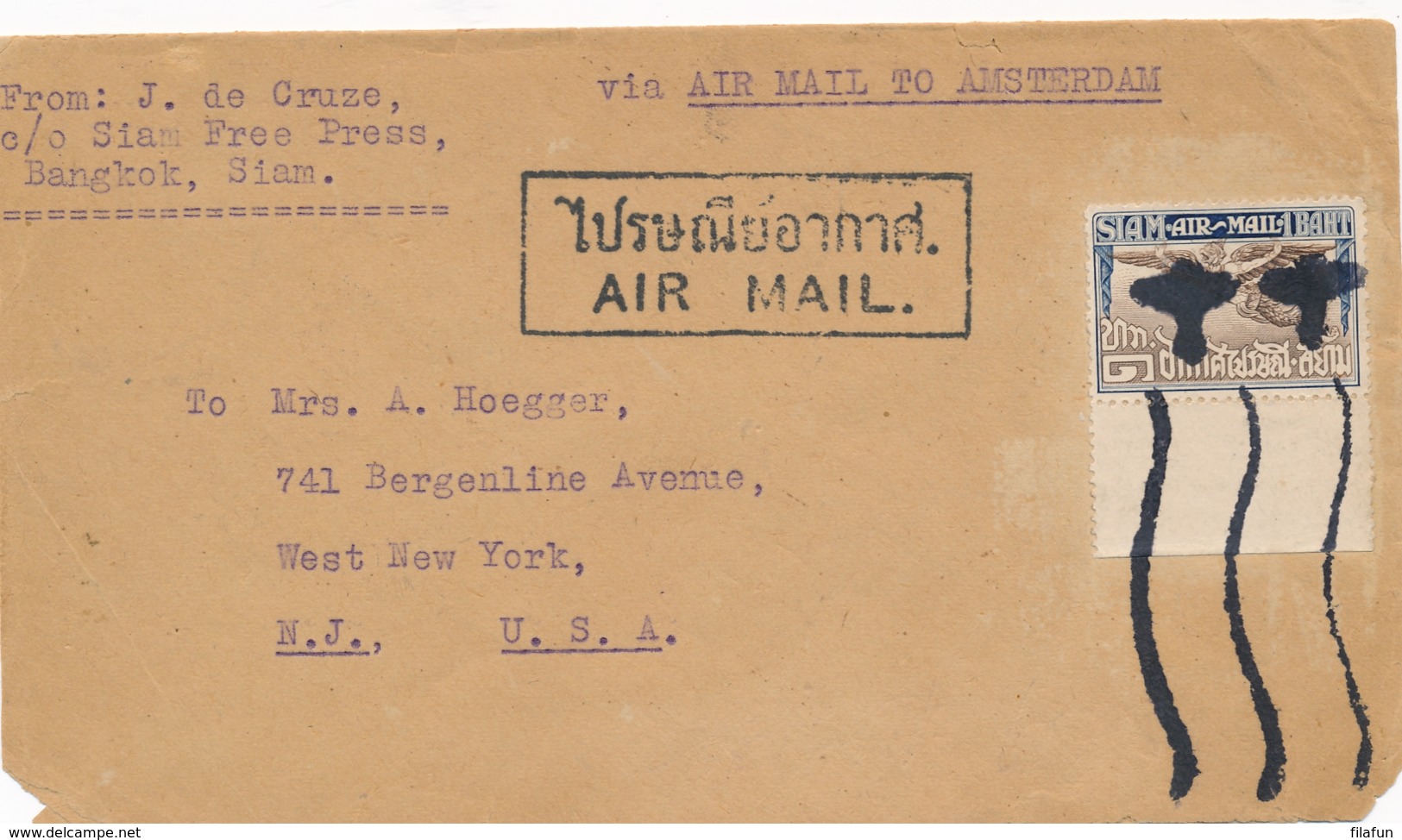 Nederlands Indië - 1930 - 1 Bath Airmail On Cover From Bangkok With First KLM Returnflight Via Amsterdam To USA - Netherlands Indies