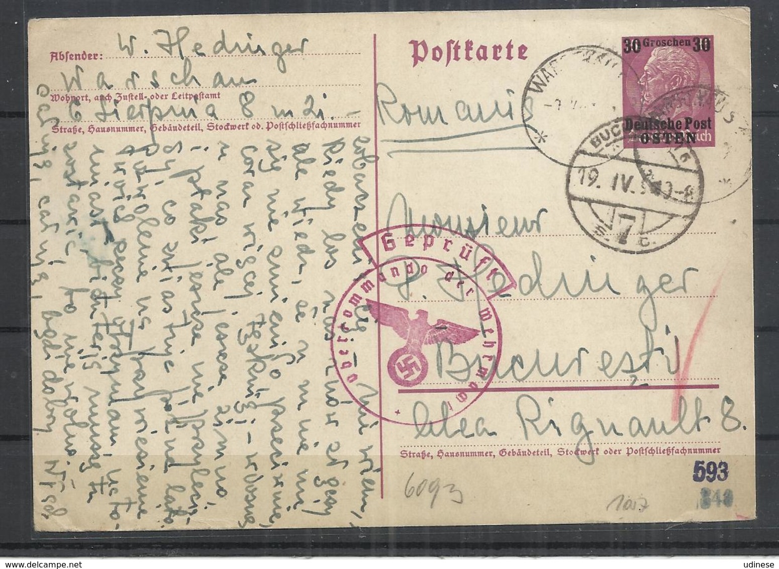 EAST (POLAND) GERMAN OCCUPATION 1943  - POSTKARTE - PERFECT CONDITION - RARE!! - Pologne