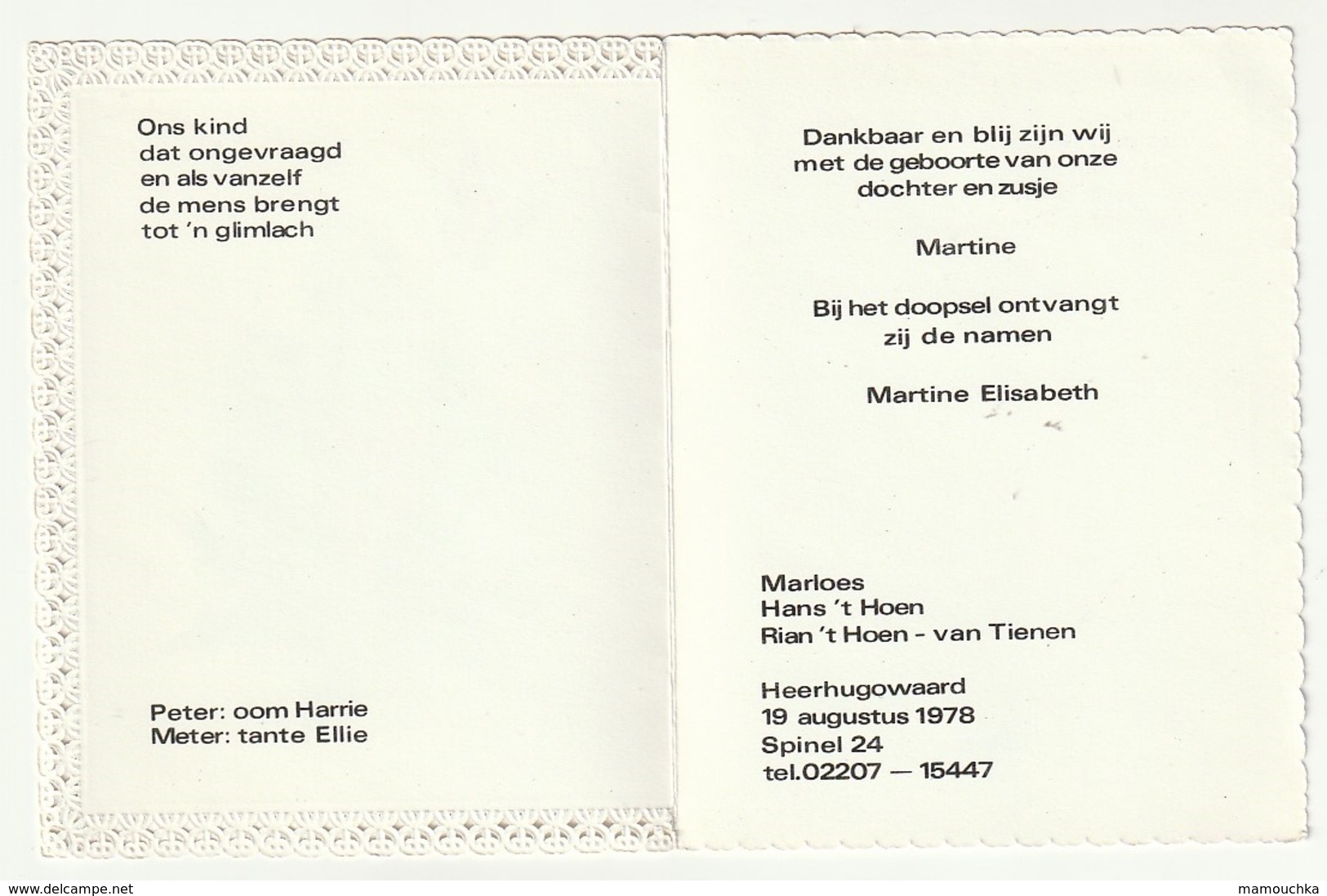 Geboortekaartje Faire Part Naissance Met Kant Avec Dentelle Martine Elisabeth 1978 Heerhugowaard  ( T'Hoen - Van Tienen) - Naissance & Baptême