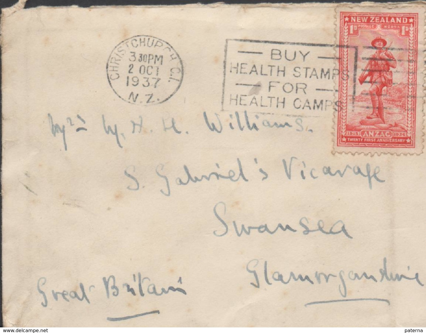 3397   Carta Christchupch 1937, N.Z. Flamme ,buy Health Stamps For Health Camps, Comprar Estampillas Sanitarias Para Cam - Cartas & Documentos