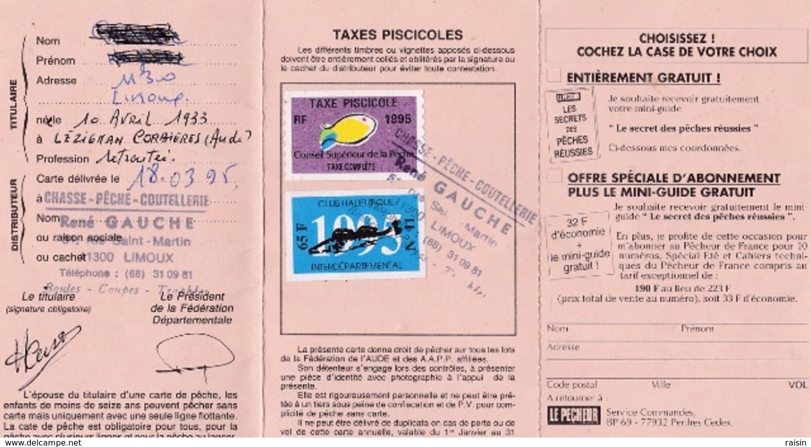Carte De Pêche Fédérale Limoux (Aude) 1995 " Pescofi Féminin " OUI !  Avec Offre Abonnement Magazine "Le Pêcheur" TBE - Autres & Non Classés