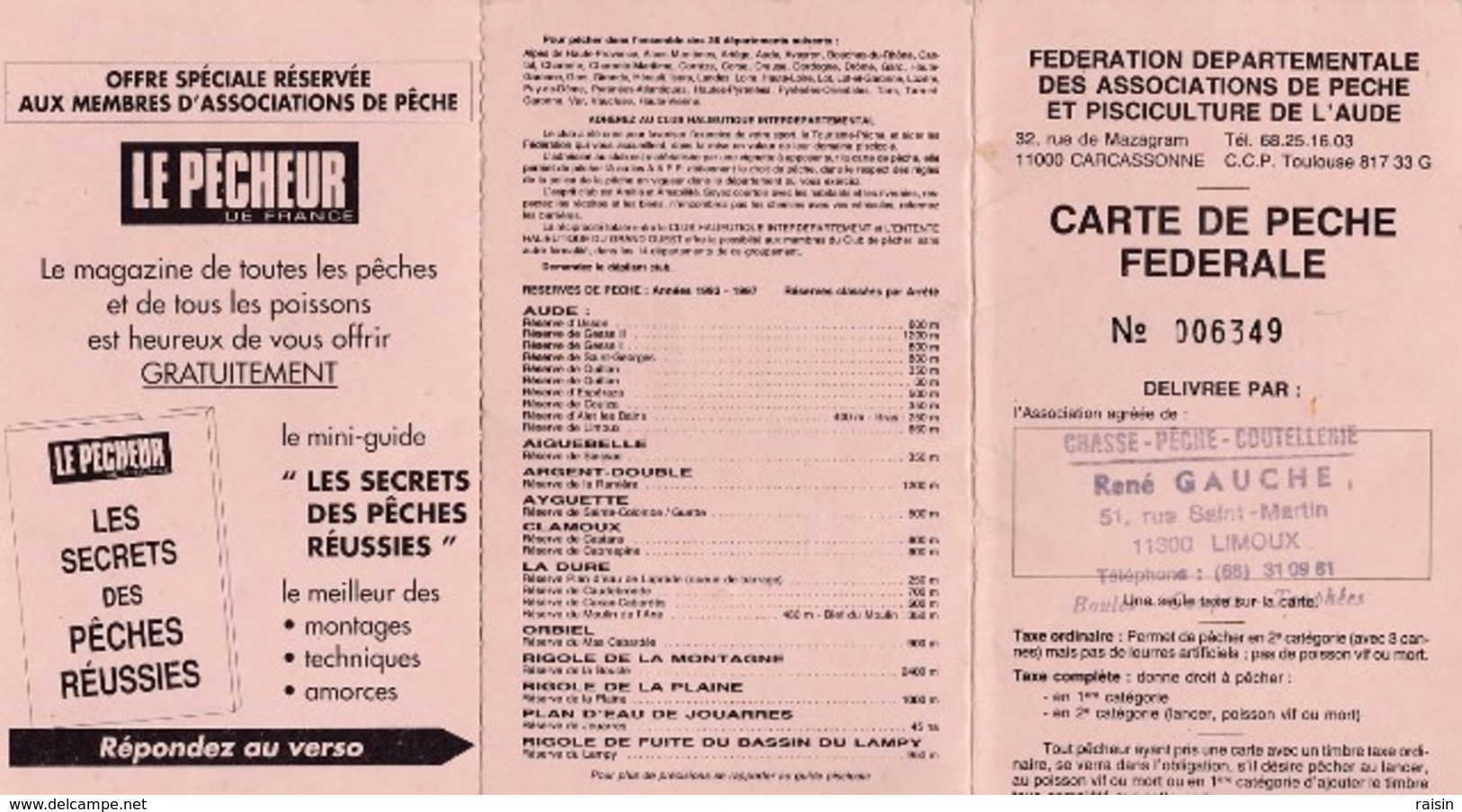 Carte De Pêche Fédérale Limoux (Aude) 1995 " Pescofi Féminin " OUI !  Avec Offre Abonnement Magazine "Le Pêcheur" TBE - Autres & Non Classés