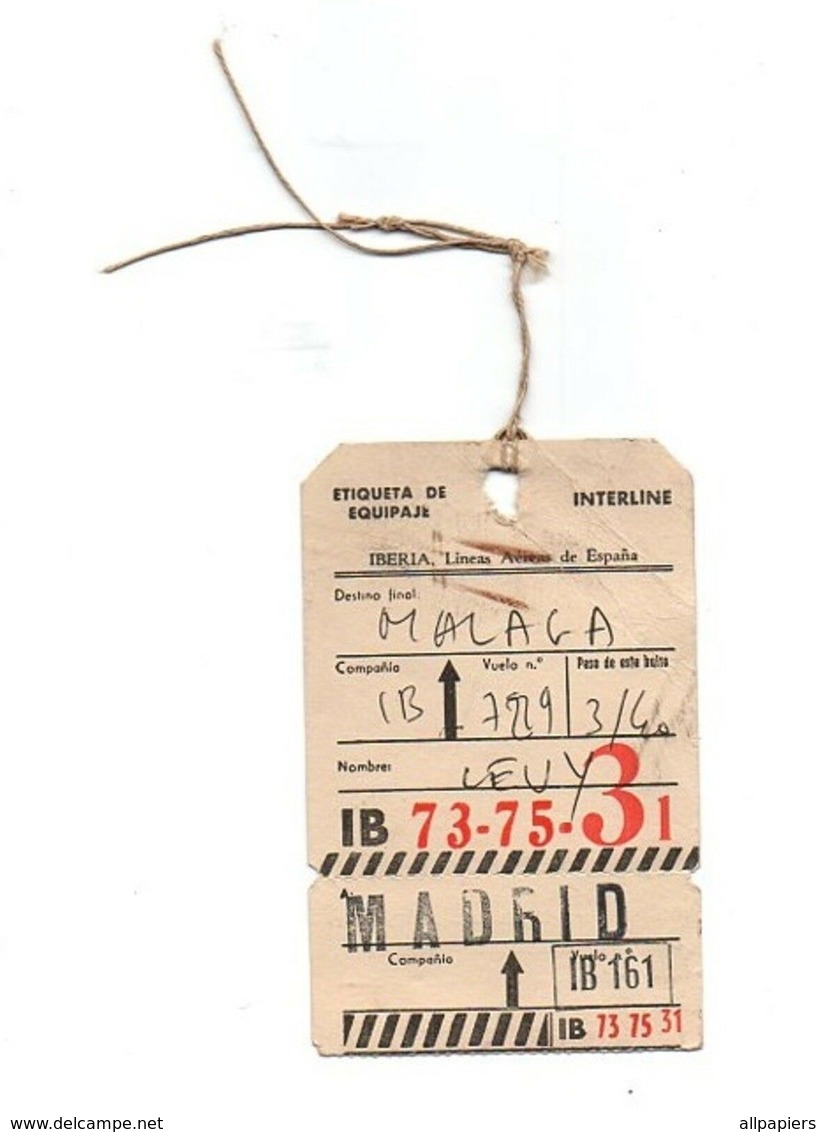 Etiqueta De Equipaje Iberia Interline Malaga IB 73-75-31 Madrid IB 161 Avec Ficelle D'attache - Étiquettes à Bagages