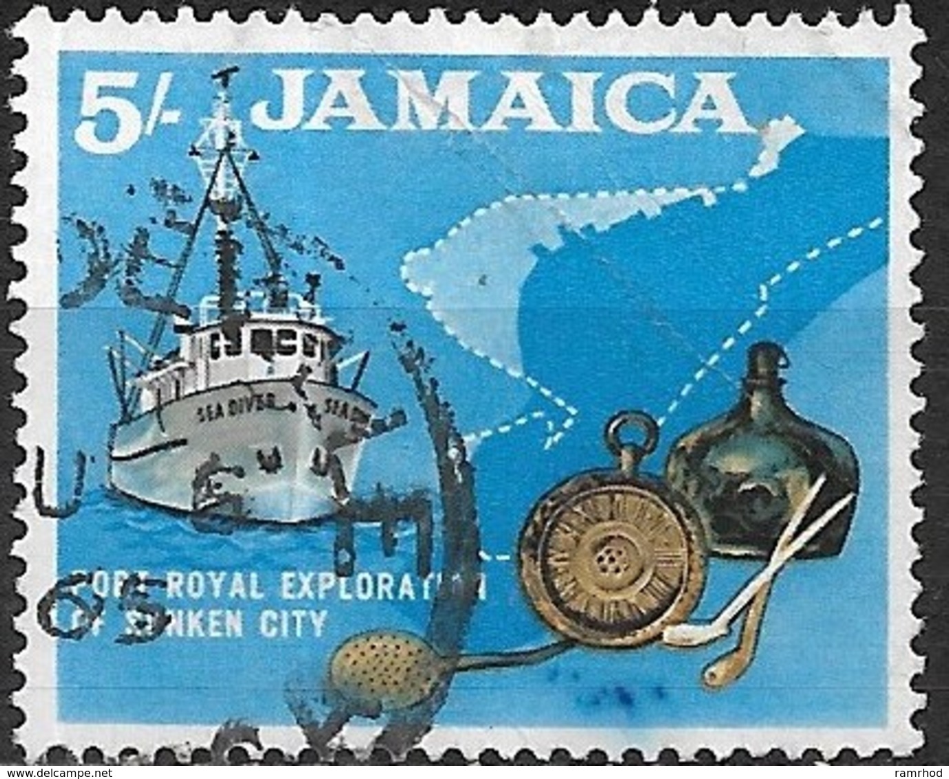 JAMAICA 1964 Exploration Of Sunken City, Port Royal; - 5s - Black, Ochre And Blue FU - Jamaica (1962-...)