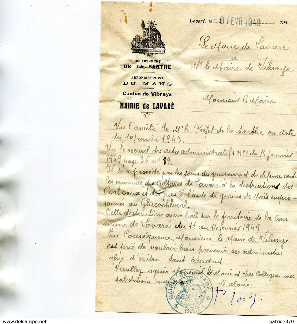 Manuscrit Du 8 Vévrier 1949 De La Mairie De Lavaré Battue Nuisibles Par Poison Glucochloral Info à Vibraye Sur Sarthe - Manuscrits