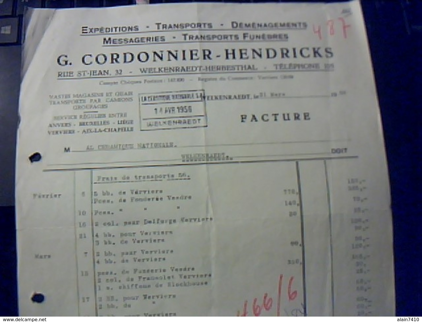 BELGIQUE Facture CODONNIER  HENDRICKS Transpirts Messageries...  Annèe 1956 A WELKENRAEDT HERBESTHAL   Fiscaux - Transport