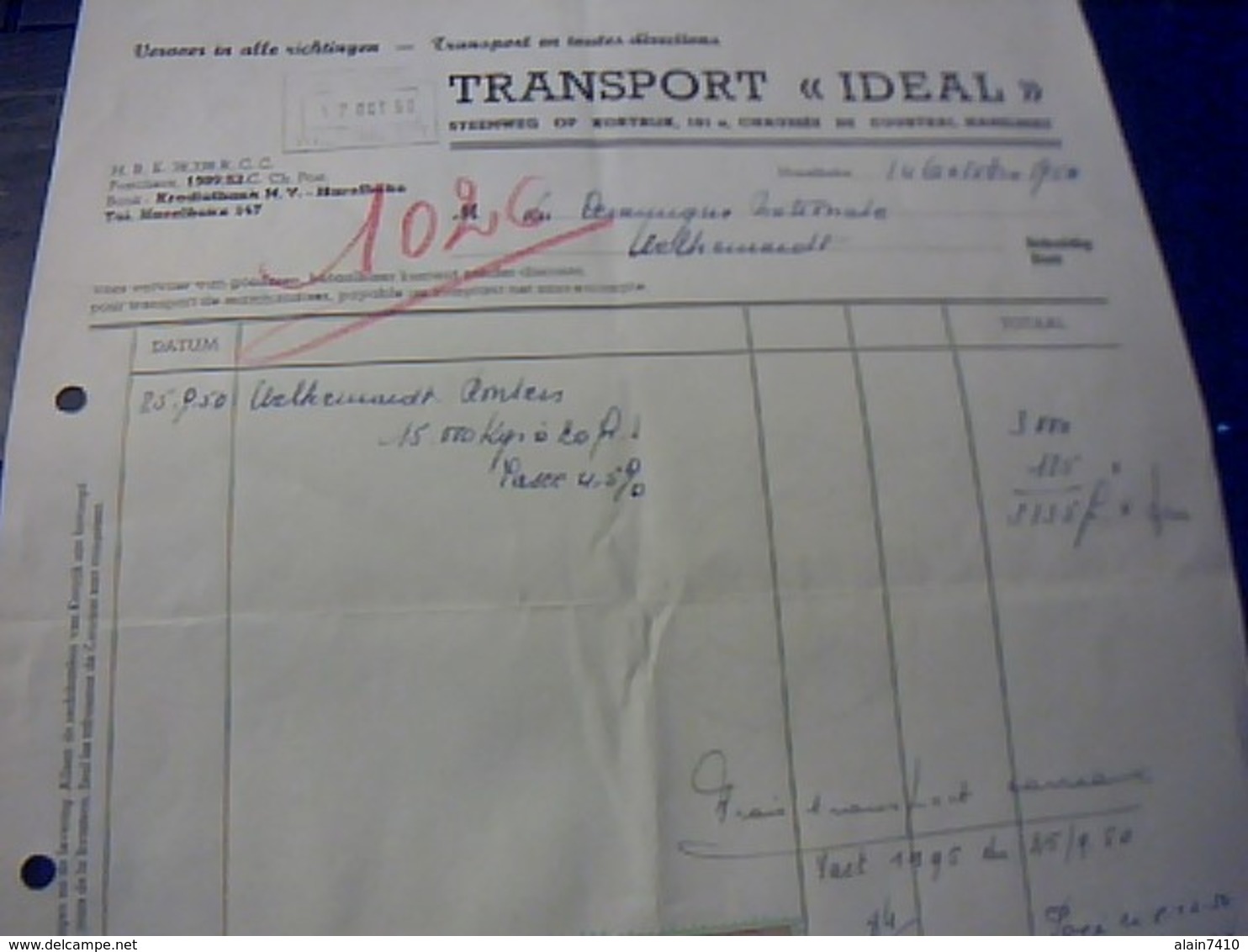 BELGIQUE Facture CODONNIER  HENDRICKS TranspOrts IDEAL   Annèe 1950 A CHAUSSNE DE COURTRAI    Fiscaux - Transport