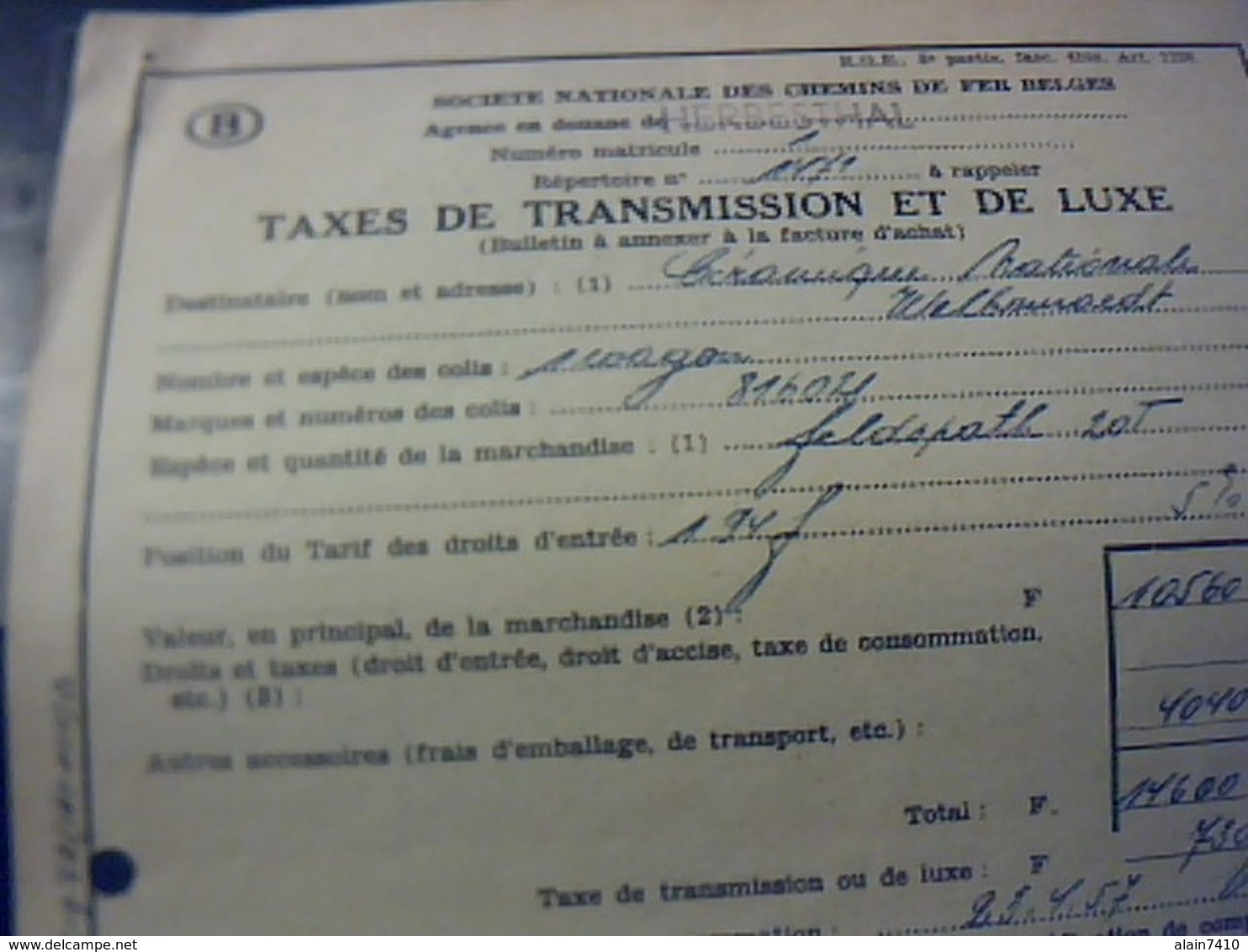 BELGIQUE Taxes De Transmissions Et De Luxe Societe Nationale Des Chemins De Fer Belges Fiscaux HERSEAL 1957 - Transports