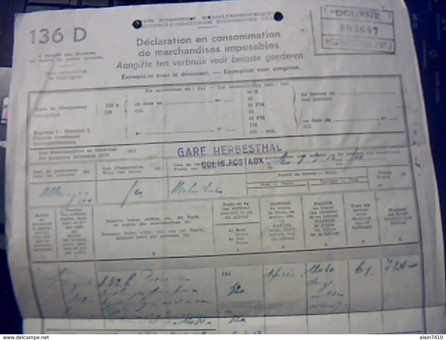 BELGIQUE UNION Economique Belgo Luxembourgeoise Document Douanier  SNCFB Gare De Herbesral Colis Postaux 19?7 - Transport