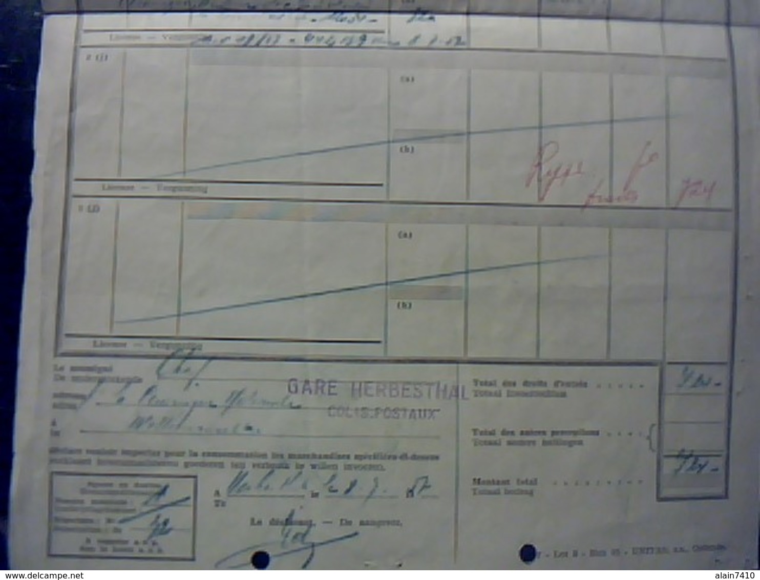 BELGIQUE UNION Economique Belgo Luxembourgeoise Document Douanier  SNCFB Gare De Herbesral Colis Postaux 19?7 - Transportmiddelen