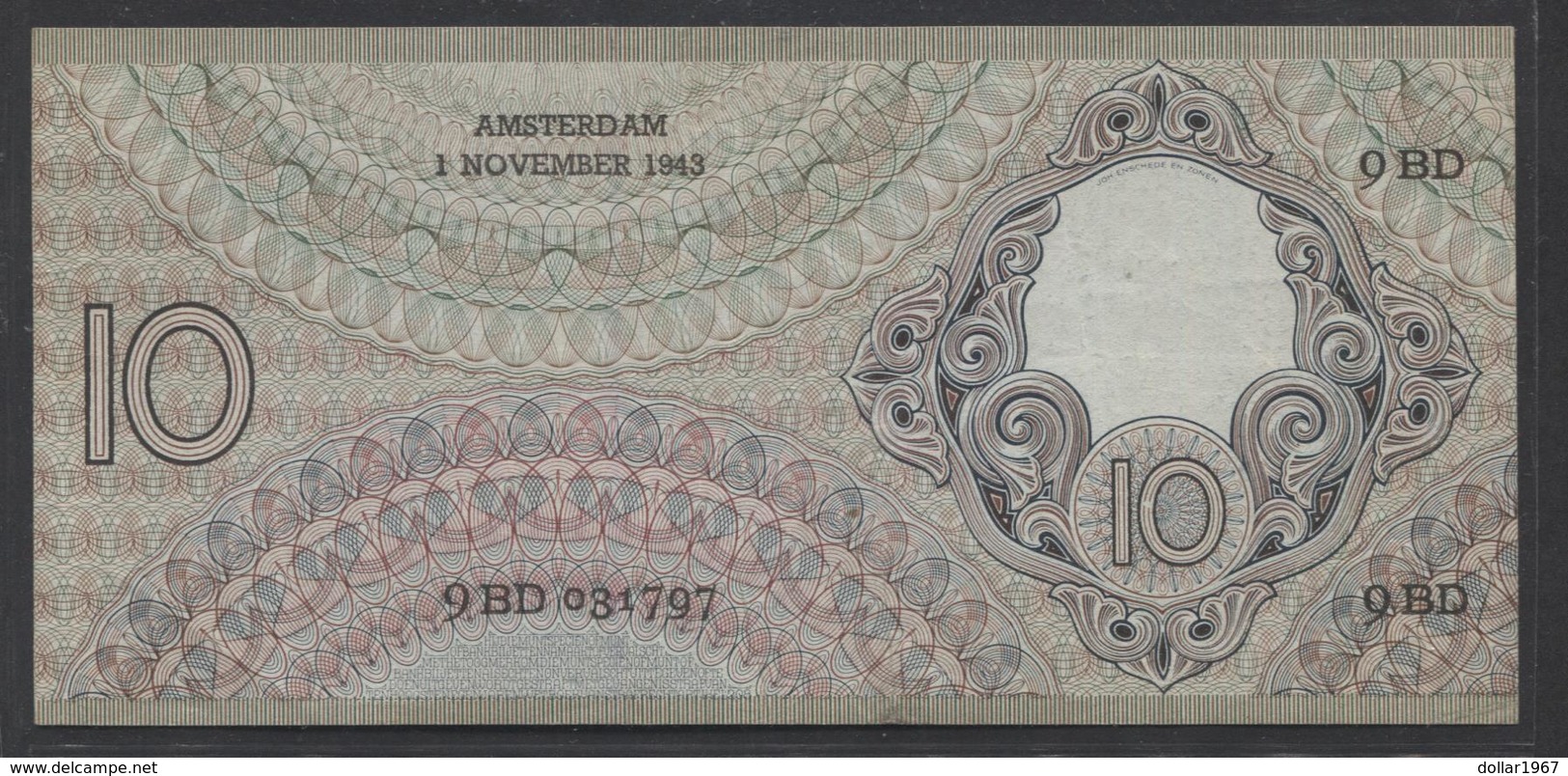 Netherlands 10 Gulden 4-1-1943 -22-4-1944 , No 9 BD 031797 - 01-11-1943, - See The 2 Scans For Condition.(Originalscan ) - 10 Florín Holandés (gulden)