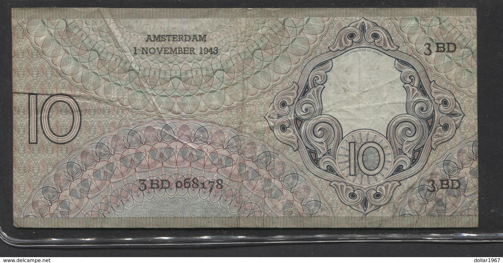 Netherlands 10 Gulden 4-1-1943 -22-4-1944 , No 3 BD 068178 - 01-11-1943, - See The 2 Scans For Condition.(Originalscan ) - 10 Gulden