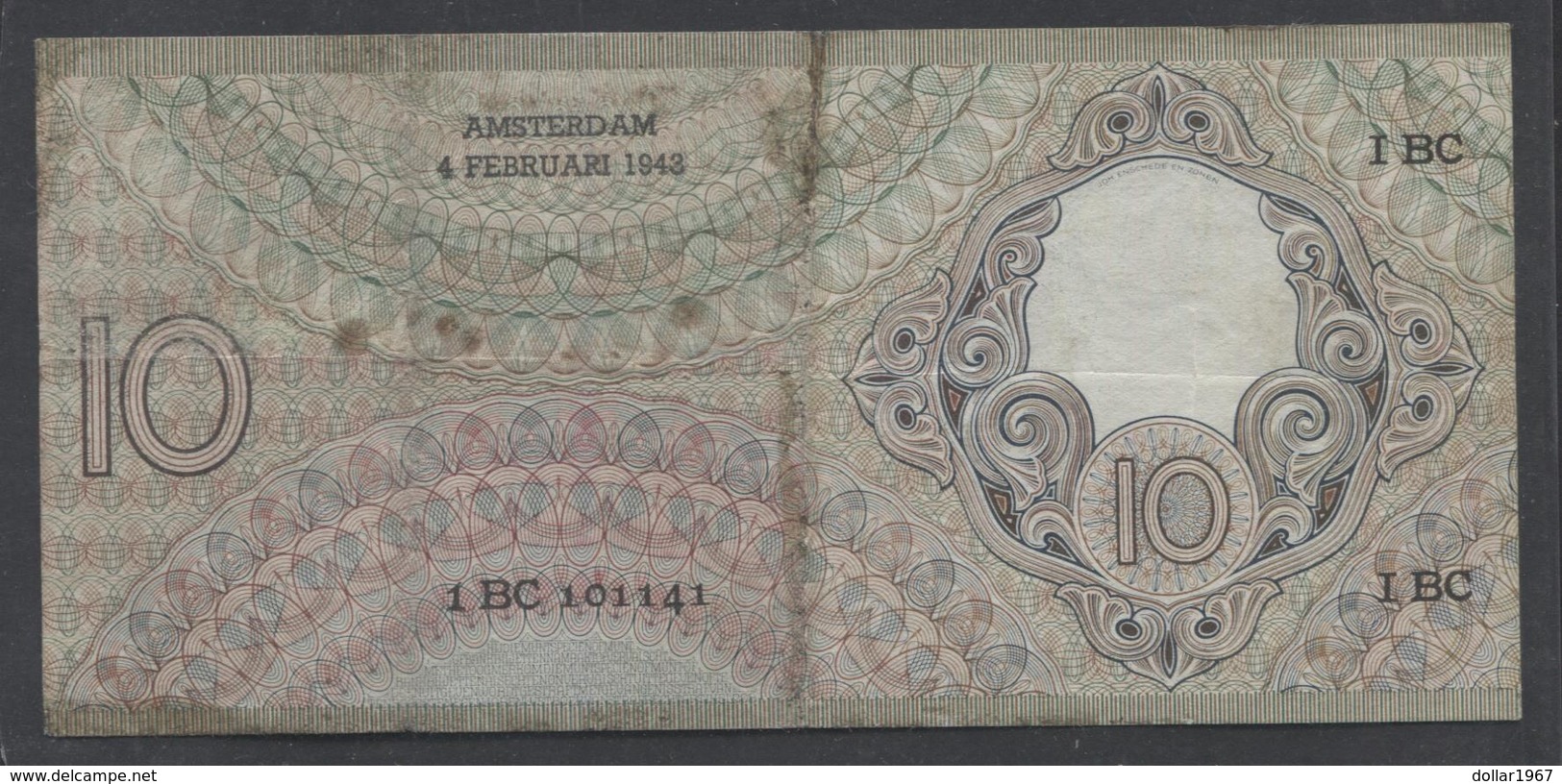 Netherlands 10 Gulden 4-1-1943 -22-4-1944 , No 1 BC 101141 Replacement  - See The 2 Scans For Condition.(Originalscan ) - 10 Florín Holandés (gulden)