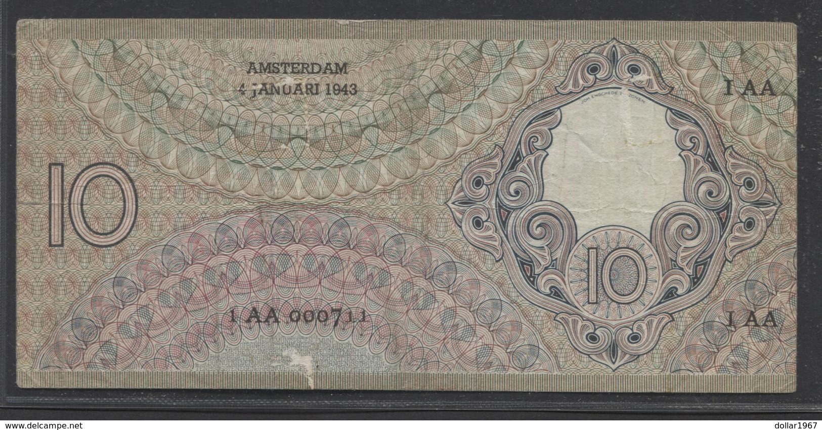 Netherlands 10 Gulden 4-1-1943 -22-4-1944 , No 1 AA 000711 - 4-1-1943  - See The 2 Scans For Condition.(Originalscan ) - 10 Florín Holandés (gulden)