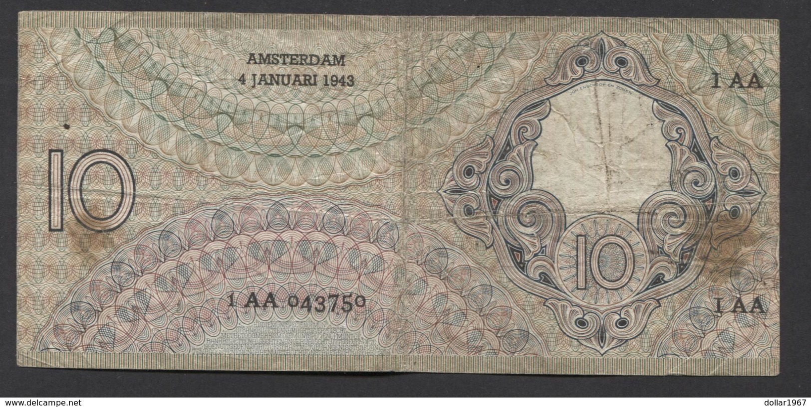 Netherlands 10 Gulden 4-1-1943 -22-4-1944 , No 1AA 043750 - 04-01-1943, - See The 2 Scans For Condition.(Originalscan ) - 10 Florín Holandés (gulden)