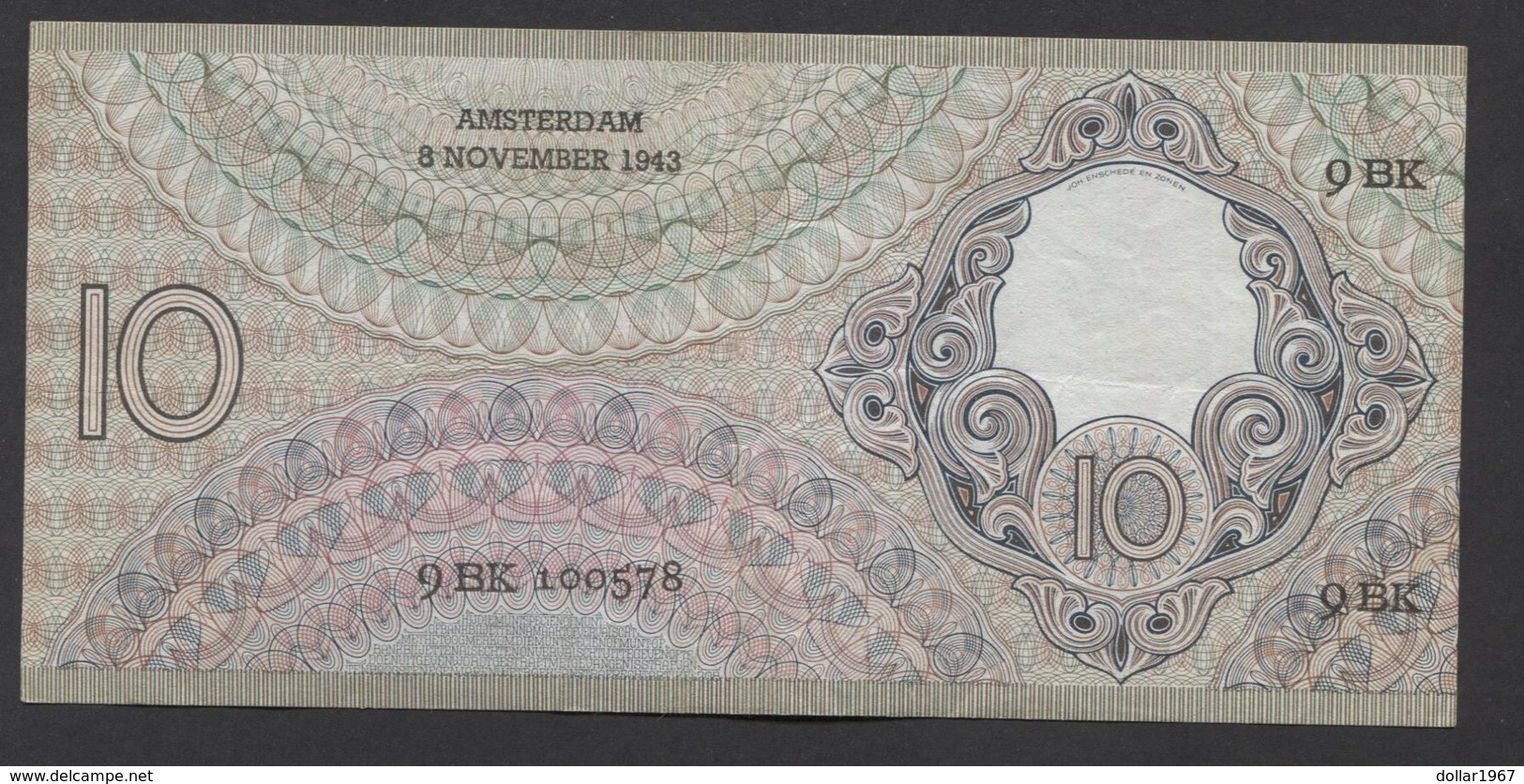 Netherlands 10 Gulden 4-1-1943 -22-4-1944 , No 9 BK 100578 Replacement - See The 2 Scans For Condition.(Originalscan ) - 10 Gulden