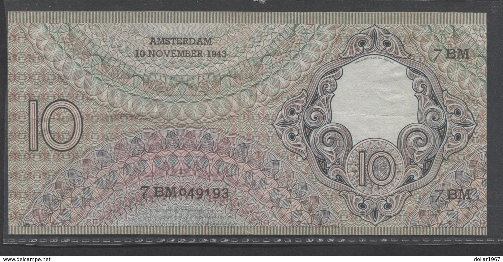 Netherlands 10 Gulden 4-1-1943 -22-4-1944 , No 7 BM 049193-10-11-1943 - See The 2 Scans For Condition.(Originalscan ) - 10 Gulden