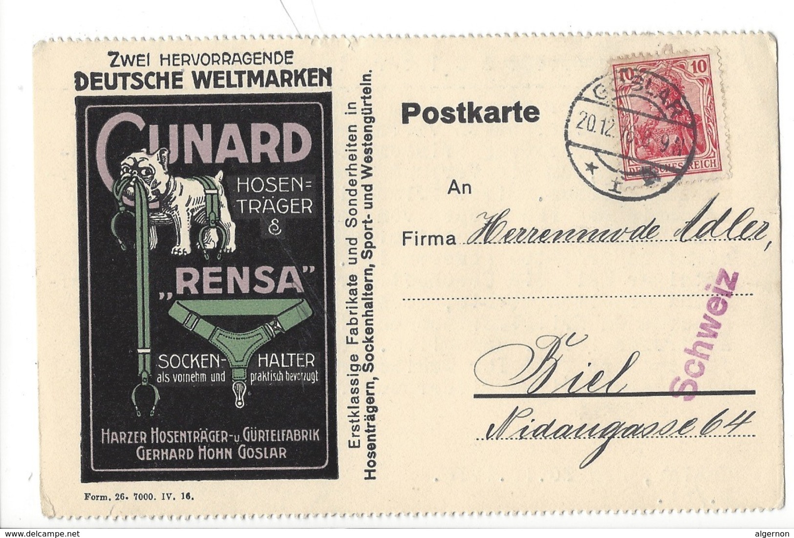22044 - Chien Boxer Cunard Rensa Deutsche Weltmarken Gürtelfabrik Gerhard Hohn Goslar  Pour Biel 20.12.1916 - Publicité
