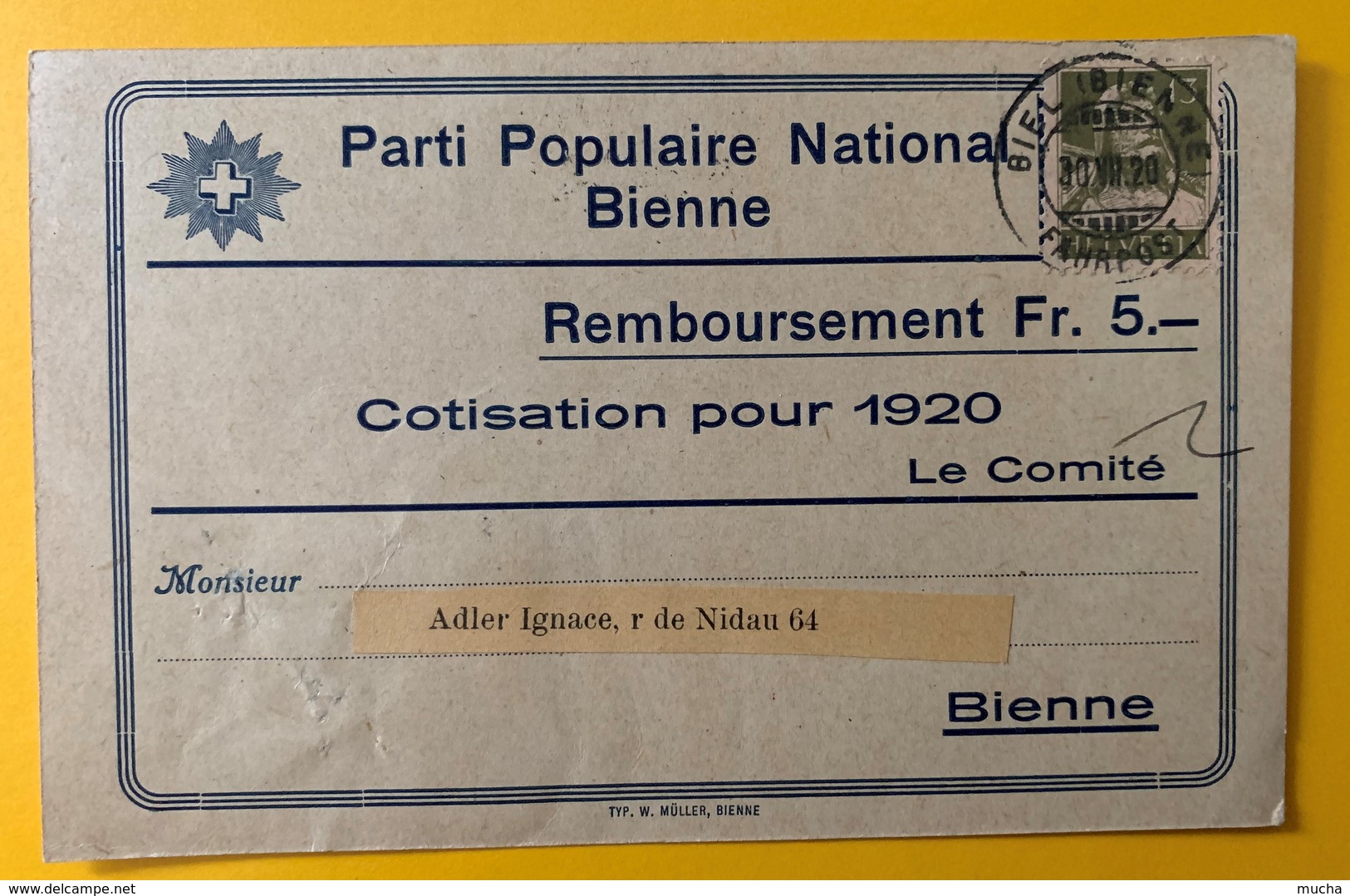 8622 - Parti Populaire National Bienne Remboursement Cotisation 1920 - Bienne