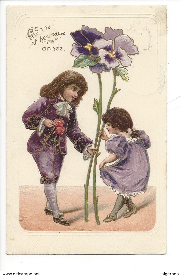 22050 - Bonne Et Heureuse Année Couple Pensées Violettes Cartes En Relief 1907 - Nouvel An