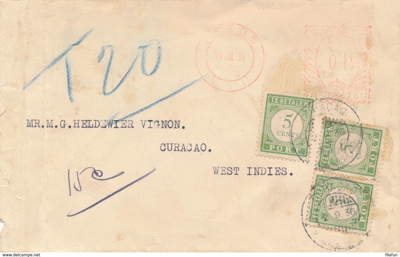 Curacao - 1936 - 3x 5 Cent Port / Postage Due Op Inkomende Brief Van Leeds / UK Naar Curacao - Curazao, Antillas Holandesas, Aruba