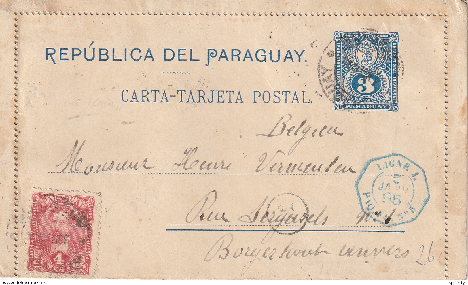 Paraguay Scheepspost ENTIER LETTER CARD Nr2 + PZ 31 "PARAGUAY 30 DEC 94" N. ANVERS Met "LIGNE J./5 JANV 95 /PAQ. FR N° 5 - Paraguay