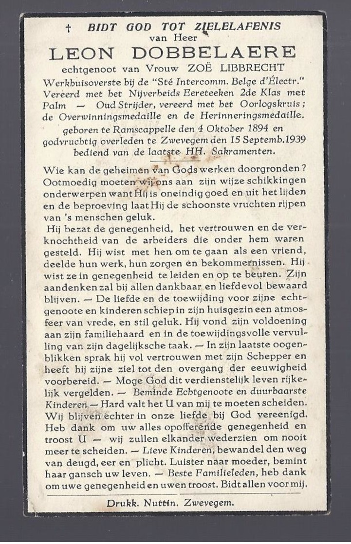 DOODSPRENTJE DOBBELAERE LIBBRECHT WERKHUISOVERSTE STE INTERCOMM. BELGE D'ELECTR. OUD STRIJDER ° RAMSCAPPELLE 1894 + ZWEV - Images Religieuses